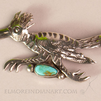 Roadrunner Turquoise Pin w/ Hallmark, c. 1950 details Roadrunner Turquoise Pin w/ Hallmark, c. 1950