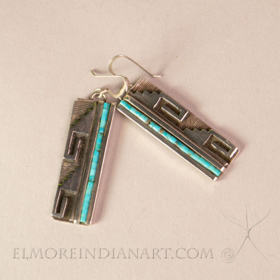 Hopi Turquoise Earrings w/ Fret Spirals, signed, 1970’s details Hopi Turquoise Earrings w/ Fret Spirals, signed, 1970’s