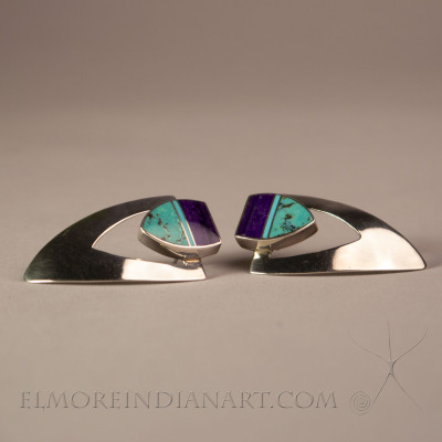 Silver Turquoise and Sugilite Shield Earrings by Ray Tracey w/ Provenance details Silver Turquoise and Sugilite Shield Earrings by Ray Tracey w/ Provenance