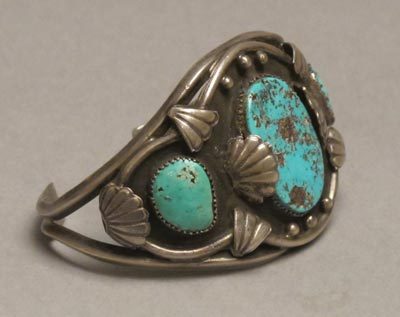Nice 3 Stone Silver Bracelet, Navajo, c. 1945