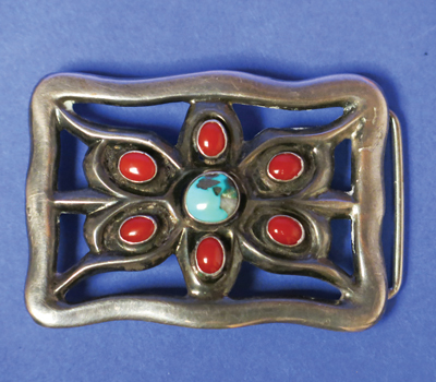 Navajo Sandcast Buckle With Turquoise and Coral