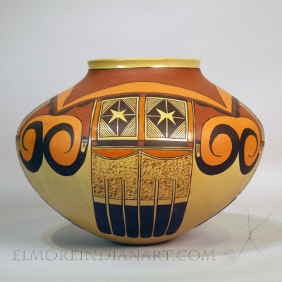 Masterful Polychrome Seed Jar w/ Eagle Tail Design by Jean Sahmie