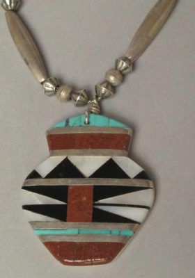 Zuni shell inlay olla pendant