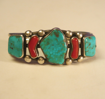 Zuni Turquoise and Coral Bracelet, c. 1930