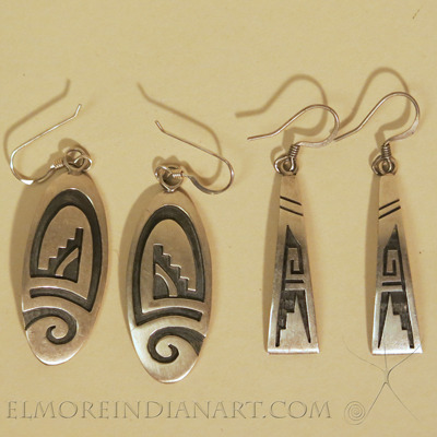 Two Pairs of Hopi Silver Overlay Earrings, c.1980s