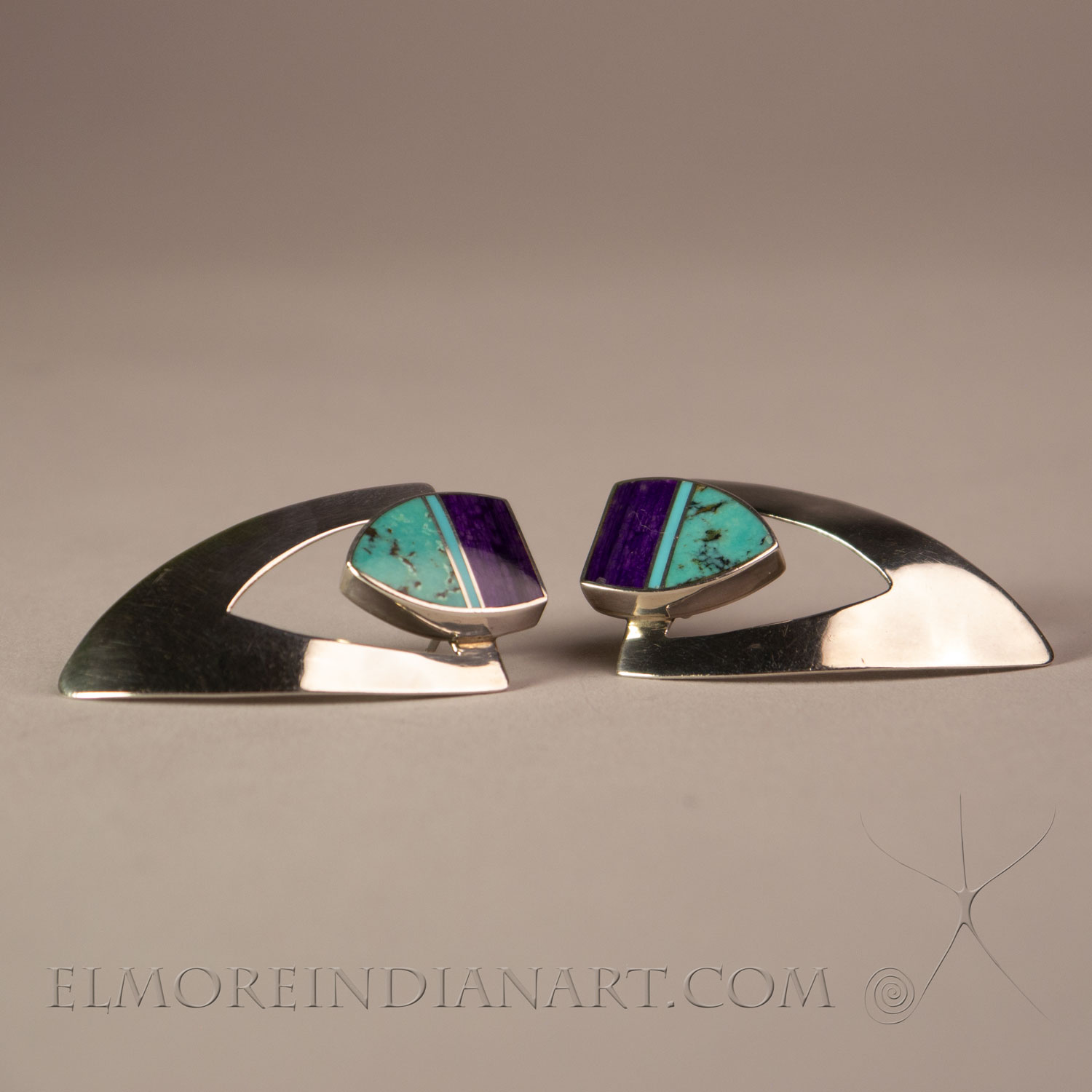 Silver Turquoise and Sugilite Shield Earrings by Ray Tracey w/ Provenance - Image 2