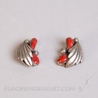 Navajo Coral and Silver Leaf Clip-On Earrings, c. 1950