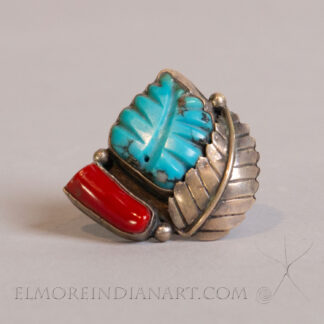 Zuni Turquoise and Coral, and Silver Leaf Ring